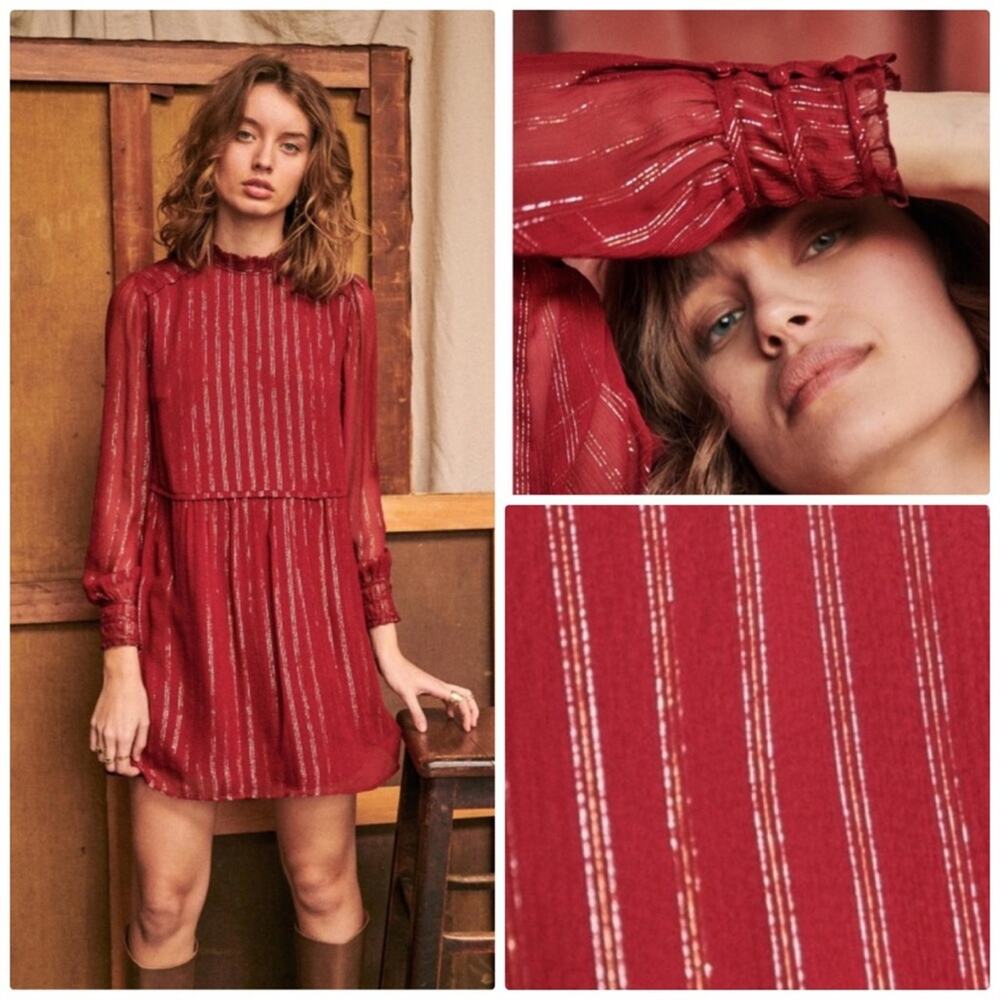 Sezane Robe Odile‎ Silk Metallic Stripe Burgundy Dress French 34 US  2